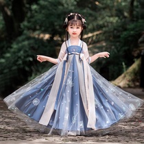 Hanfu girl Summer thin short sleeve blue Chinese style fairy air childrens dress Super fairy ancient light gauze children