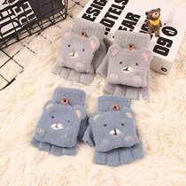 Autumn and winter New plush childrens gloves warm and thick cartoon dual-purpose half-finger flip gloves baby writing
