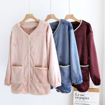 Coral fleece pajamas womens single piece tops Autumn and winter flannel plus fleece thickened can be worn outside the plush cardigan home jacket