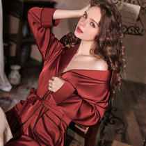 Japanese Bride wedding gown sexy pajamas female red robe autumn winter bathrobe female middle length spring and autumn