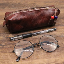 Plant Tannic Leather Handmade Old Pen Bag New Head Layer Cow Leather Large Capacity Containing Bag Universal Genuine Leather Glasses Bag Brief