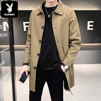Playboy senior trench coat Mens Long Spring and Autumn Tide brand jacket British style casual autumn coat