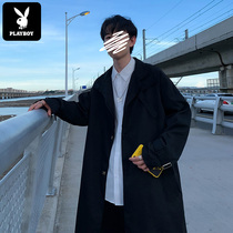  Playboy dark black windbreaker mens mid-length spring and autumn Korean version of the trend handsome British cloak coat jacket