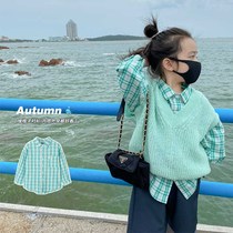 (Two-piece set) childrens plaid shirt sweater vest baby early autumn new male and female thin coat