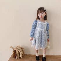 Girls Lace Dress 2021 Spring and Autumn Thin Children Princess Dress 1 Baby Bubble Sleeve Fake Two Skirt 2 Skirt 2