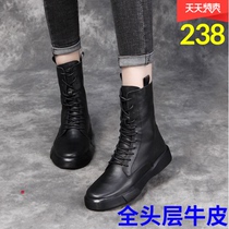 Yang Mi same model Martin boots female mid-boot 2021 new leather flat size single short boots head layer cowhide plus Velvet