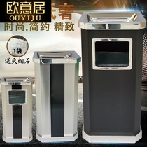 Stainless steel lobby vertical shopping mall against the wall black bar elevator entrance cigarette butts hotel with ashtray trash can outdoor