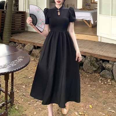 taobao agent Black summer retro cheongsam, elegant dress, Chinese style, plus size, fitted