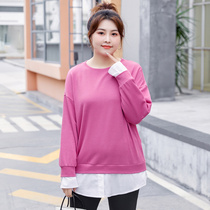 (Clearance 60 yuan)Large size womens spring fat MM Korean version of casual off-shoulder stitching fake two sweaters