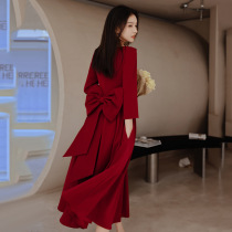 Valley seven-seven French long-sleeved burgundy bride dress women light luxury wind velvet waist bow princess skirt