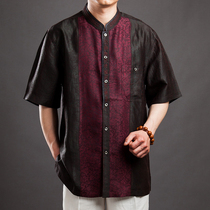 High-end mens Tang dress summer short-sleeved top boutique Xiangyun yarn Chinese stand-up collar shirt Silk national clothing