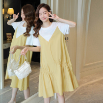 Maternity clothes summer tops Summer fashion stitching folds over the knee loose maternity dresses Summer maternity skirts