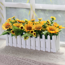 Simulation sunflower sunflower set fake flower potted window sill hotel decoration wooden fence decorative floral ornaments