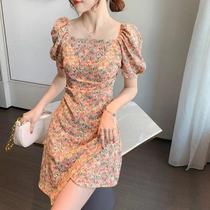 SNICYKER bubble sleeve square collar floral dress womens summer 2021 new french waist small skirt