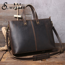Sewo simple retro leather portable briefcase Crazy Horse leather mens head layer cowhide shoulder crossbody computer bag