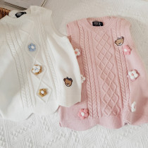 xiao bear two-color ~ 90-140 yards female baby Autumn soft flower knitted vest wave edge twist vest
