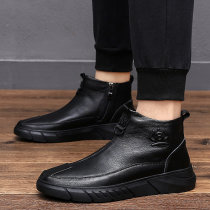 Tide brand high-top leather shoes mens genuine leather comfortable soft cowhide slip-on all-black mid-top shoes 2022 fashionable Chelsea boots