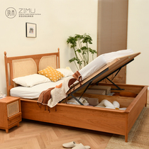 Wood vintage cherry rattan woven bed Solid wood pressure storage bed Storage bed Wedding bed 1 8-meter double bed