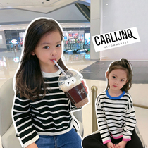  Girls sweater striped Western style spring and autumn knitwear bottoming long-sleeved T-shirt baby top 2021 new childrens clothing trend