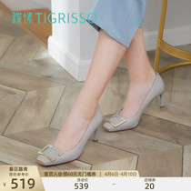 The new light mouth square button Buttons Goat Leather Square Head Fine Heels High Heel Shoes Small Leather Shoes Single Shoes Woman TA29103-13