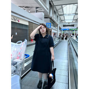 Lao Zhanghe Xiaochuang PONGKIKI large size solid color polo collar dress summer fat mm slimming college style skirt