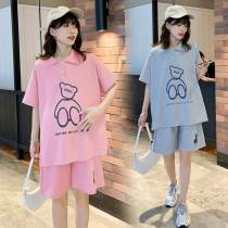 Maternity suit Summer new fashion casual loose college style top Cartoon T-shirt shorts knitted two-piece set