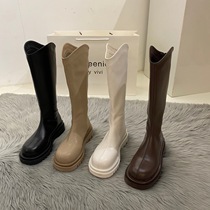  White thick-soled small long-barrel boots womens shoes 2021 new mid-barrel high-barrel knight spring and autumn single boots
