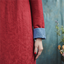 (Huaguo) Laiyi Red Jacquard Cotton and Hemp Hand Embroidered Cheongsam with Cotton Double Collar and Sleeve Embroidered Cotton-padded jacket Autumn and Winter