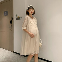 Pregnant woman summer dress 2021 summer new fashion two-piece set tide mother foreign style thin belly cover chiffon skirt