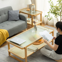 Tea table Living room Nordic minimalist in small household type tempered glass tea table Minjuku Japanese style rattan bricked double table tea table new