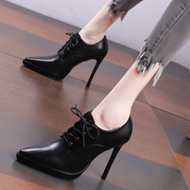 Pointed deep mouth single shoes 2021 autumn new waterproof table front lace-up high heels fashion heel womens shoes Black