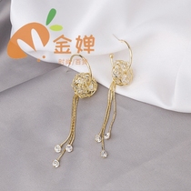 925 silver needle zircons stone hollowed-out rose floras earrings net red and American personality long style C-shaped earbuds