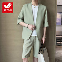Rich bird collar-free summer thin short-sleeved suit mens suit youth Korean version of the trend casual suit handsome and refreshing