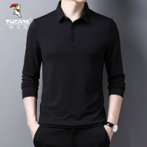 Woodpecker new silkworm Ice Silk long sleeve T-shirt mens spring and autumn solid color lapel bottoming polo shirt thin middle-aged