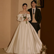Shoulder French satin main wedding dress 2021 new summer Moren Super fairy Long Tail Princess wind out yarn