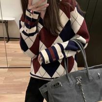 TB Thom2022 new thickened sweater academic style contrast diamond v-neck wool casual long sleeve sweater women