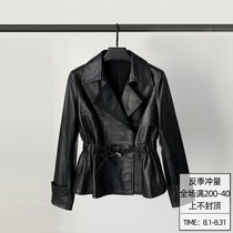 Autumn 2021 new Haining leather leather clothes womens short suit jacket sheepskin motorcycle elastic waist leather jacket tide