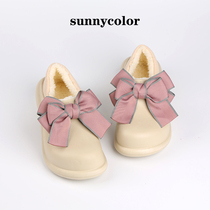 SUNNY COLOR bow cotton shoes women winter wear thick soles and velvet waterproof office bag with cotton slippers