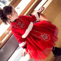 Girl Hanfu New Years dress baby thickened Chinese style costume Tang suit childrens foreign style princess dress winter dress dress dress