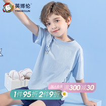 English Bolan 2022 Summer New Children Short Sleeve Suit Pure Cotton Loose T-Shirt Boy Sleepwear Big Boy Home Clothes