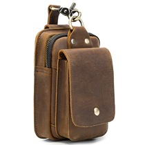 Simple first layer Crazy Horse skin running bag leather men 6 inch mobile phone bag outdoor with adhesive hook wear belt small waist hanging bag