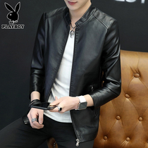 Playboy autumn leather mens coat trend casual clothes Black loose stand-up collar motorcycle leather jacket men