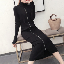 Ultra-long temperament knitted dress womens autumn and winter 2021 new age-reducing design sense zipper high-neck tight sweater skirt