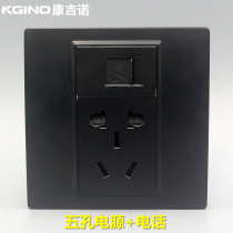 Black 86 wall switch socket phone panel 5-hole socket voice phone port with 5-hole power socket