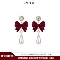 ZEGL Red Bow Earrings Female Retro Artificial Pearl Earrings 925 Silver Needle Fall Winter Velvet New Year Earrings