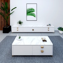 Small apartment living room TV cabinet Coffee Table Rock Board combination modern light luxury Nordic minimalist white solid wood paint customization