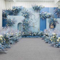 Haze blue wedding floral wedding background wall on-site layout road guide flower row hanging flower arches T table decoration fake flower