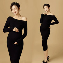 Photo studio New pregnant woman shoulder Black thin high-Play Dress photo photo Personal Theme Photography clothing