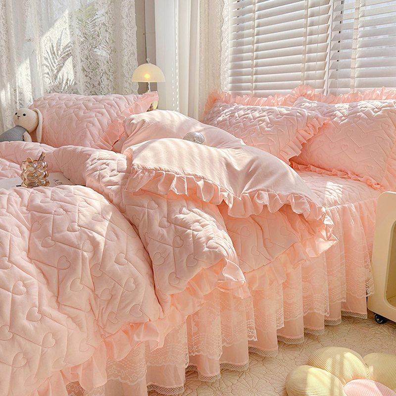 纯色a类全夹棉床笠式床裙款四件套床上公主风蕾丝边被套四季通用
