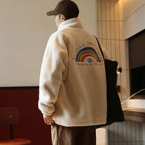 Rainbow embroidered lamb plush cotton clothing cotton clothing padded jacket for mens gats with increased code loose trend youth jacket winter clothing